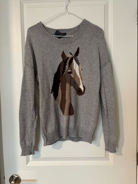 Talula Gray Crewneck Sweater with Horse Intarsia